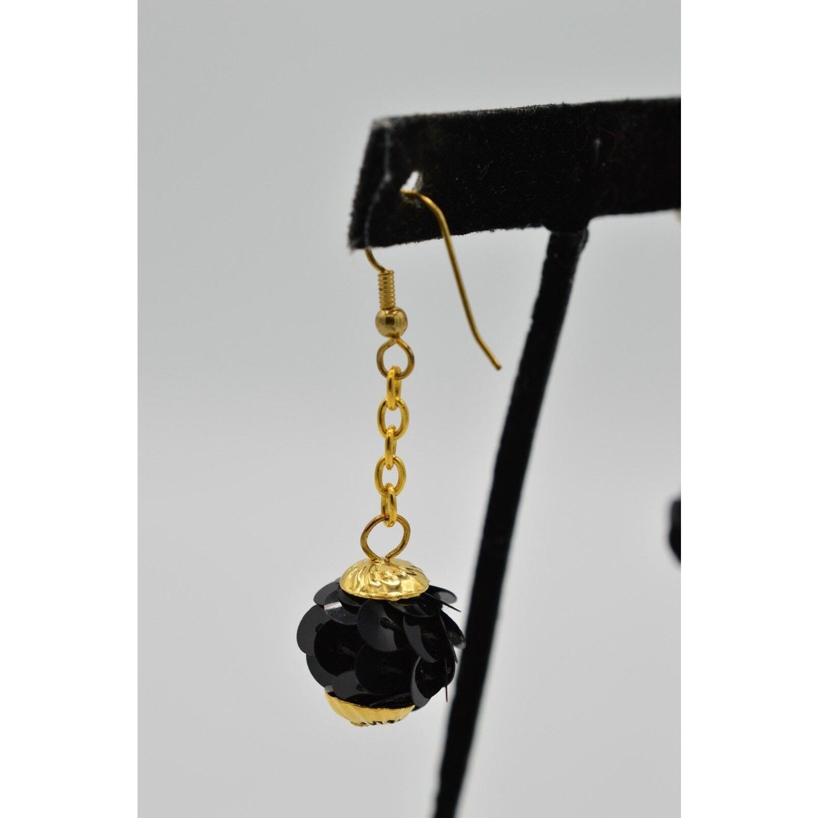 Vintage Statement Earrings Drop Dangle Black Sequ… - image 6