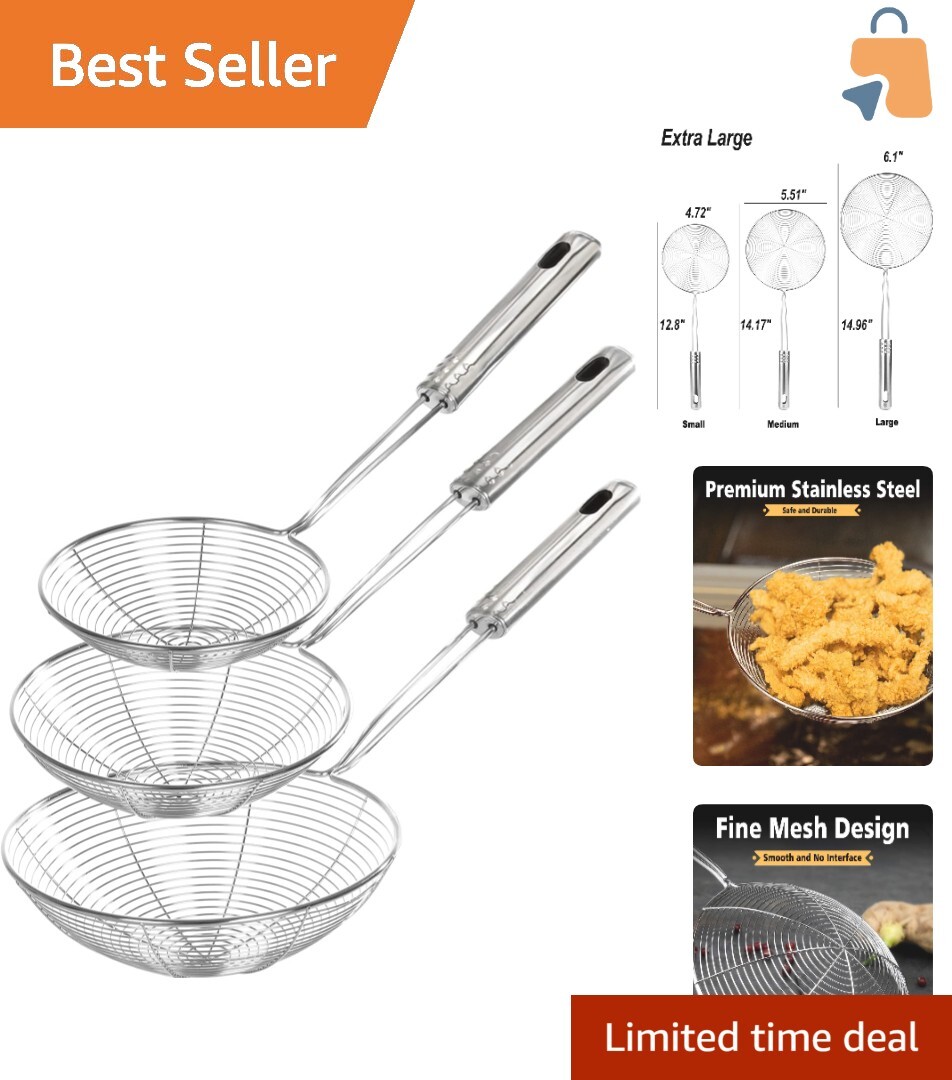 Durable Stainless Steel Spider Strainers - Set of 3 Sizes for Kitchen Efficiency