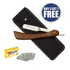 WOODEN BARBER HAIR SALON STRAIGHT WET CUT THROAT SHAVING RAZOR SHAVETTE BROWN