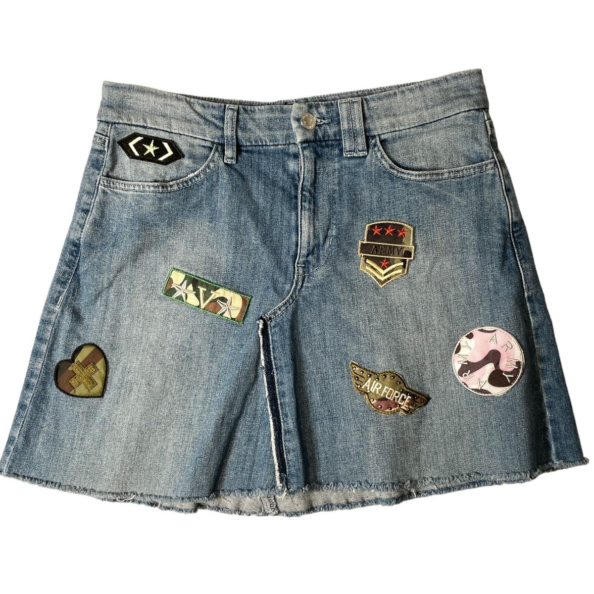 GUESS Patches Raw Hem Denim Skirt Women's 28 Blue Military Light