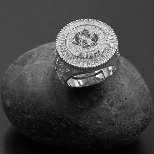 18K White Gold Finish Zodiac Sign Astrology Baguette Lab Diamond Men's Ring Band - Picture 45 of 45