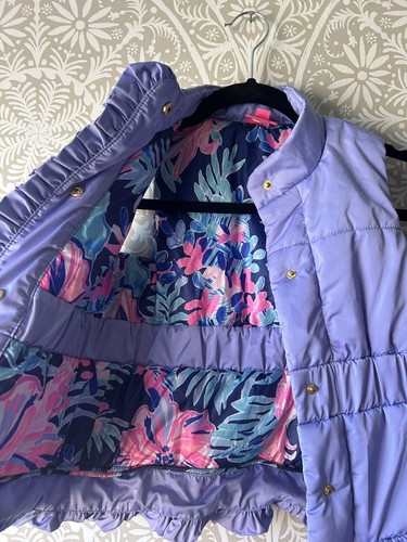 Lilly Pulitzer Girls Caylee Lavender Puffer Vest Floral Lined Ruffle Medium 6/7 - Picture 3 of 4