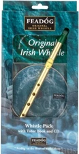 Feadog Brass Irish Tin Whistle Key of D with Book & CD Pack Made in Ireland