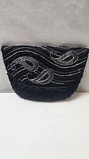 Vintage Glamour Beaded Evening Clutch Black Silver Sequins Paisley Snap Bag