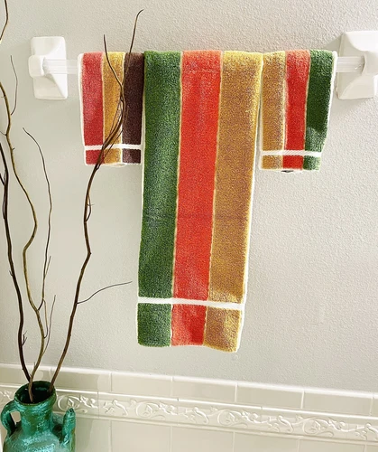 3-Pc MCM Fieldcrest Terry Bath Towel Washcloth Stripe Green Orange Mustard Brown