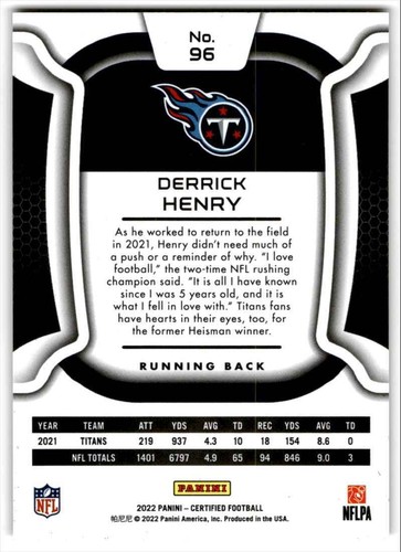 2022 Panini Certified Mirror Red Derrick Henry /99 Tennessee Titans #96 - Picture 2 of 2