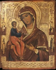 ANTIQUE ICON ERA CIRCA 1850-MOTHER OF GOD + 4 SAINTS-GOLD BACKGROUND-CM.41X34.3