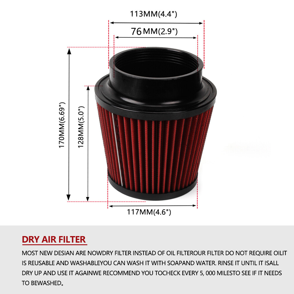 Red 3" 76mm Inlet Car Truck Air Intake Cone Dry Air Filter + Filter