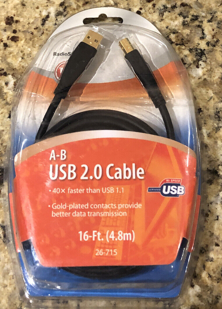 A-B USB 2.0 Cable 16-ft (4.8m) Radio Shack 26-715. New & Sealed!