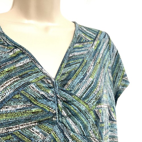 Liz & Company PL top blue green yellow abstract v neck short sleeve babydoll - Picture 5 of 9