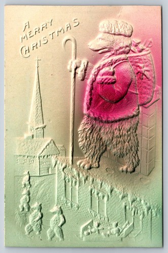 A Merry Christmas anthropomorpher Weihnachtsmann Bär Kirche Postkarte Airbrush