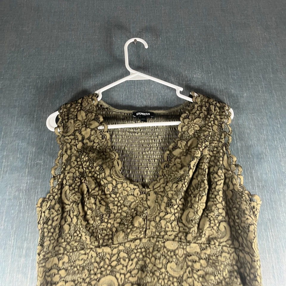 Express Women’s Lace Top Size L Olive Green Sleeveless V-Neck Curved Hemline MB - Image 2 of 4
