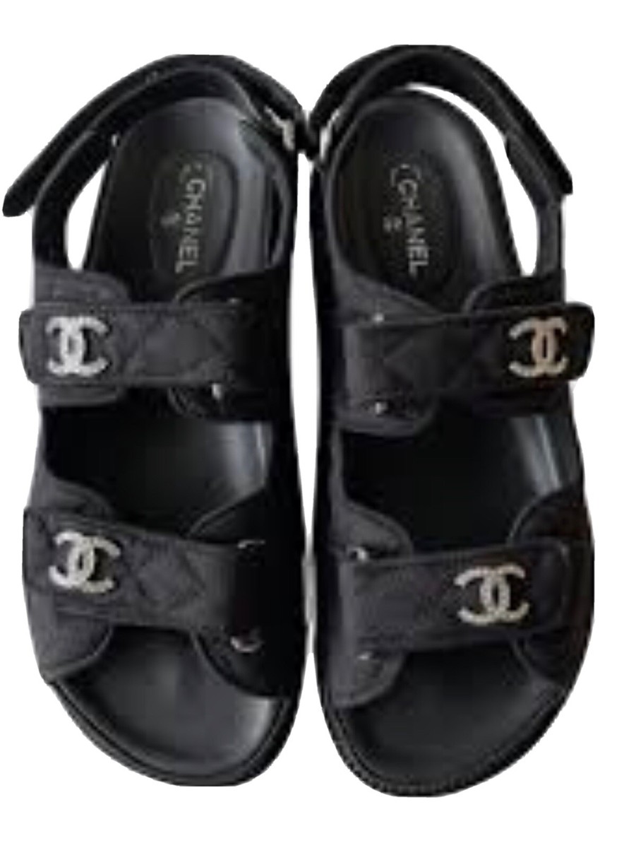 BNIB Chanel Fabric Dad Sandal Strap Black Crystal CC Sz 38
