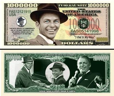 Frank Sinatra Million Dollar Bill Play Funny Money Novelty Note + Free Sleeve