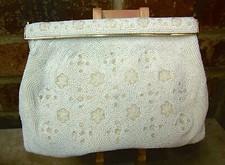 Beaded Clutch Purse White w Gold Frame; Satin Lining French Evening Bag Vintage