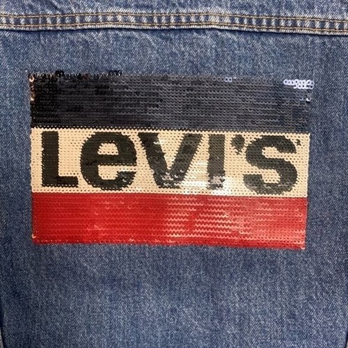 Giacca Jean Levi's Originale Paillettes Denim Blu Rossa Taglia Small - Foto 10 di 16