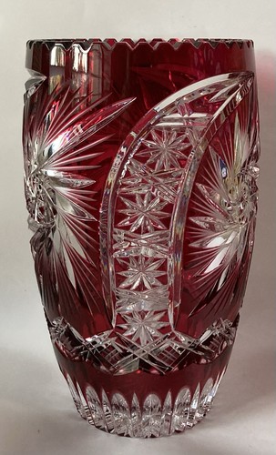 LAUSITZER Cranberry Ruby Red Pinwheel Cut To Clear Ribbed Rim 10” CRYSTAL VASE - Picture 2 of 18