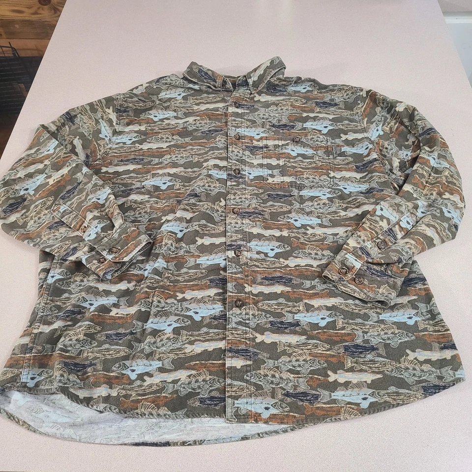 Camisa para hombre Woolrich Fish temática verde camuflaje exterior algodón - XL/A2 Foto 2 de 4