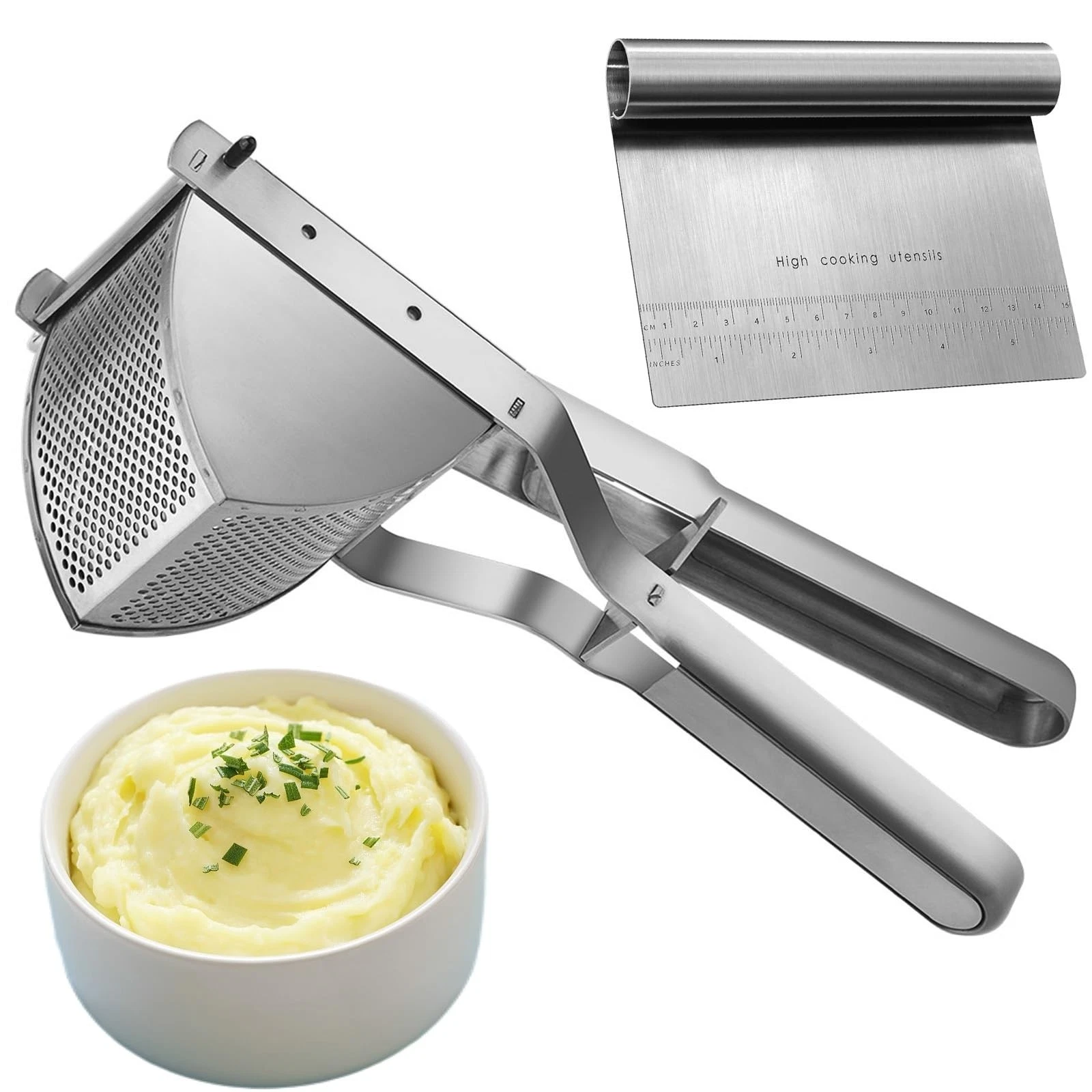 Potato Ricer Stainless Steel with Dough Scraper, for Mashed L, Silver
