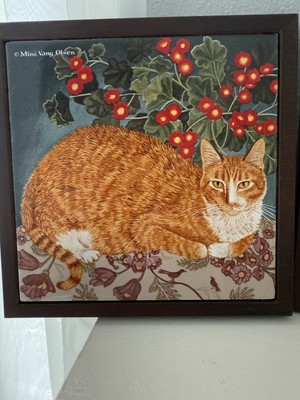 Vintage Avon Orange Tabby Cat Tile Wood Framed Trivet Or Wall Decor Signed Nice!