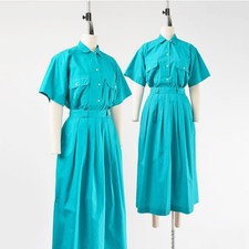 Vintage 80s Teal Cotton Set Turquoise Two Piece Shirt and Pleated Midi Skirt M