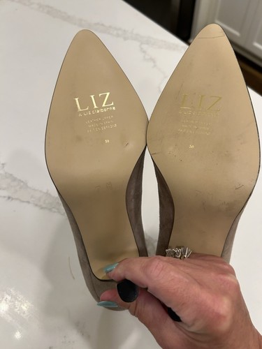 Liz Claiborne Charter Size 7 M Pumps Tan Suede Pointed Toe Ribbon Weave Heels - Picture 5 of 14