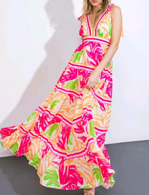 Flying Tomato ''Take the Trails'' Tropical Tiered Maxi Dress Fuchsia & Orange M
