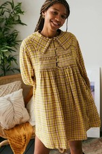 UO Everett Shirt Dress Urban Outfitters Plaid Check Long Sleeve Smocked S NEW