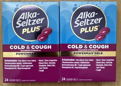 2 Packs Alka-Seltzer Plus Maximum Strength Powermax Cold & Cough 24 Liquid Gels