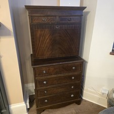 Vintage Mahogany Bureau Secretary Desk Drop Front Writing Cabinet Inlay 4 Drawer