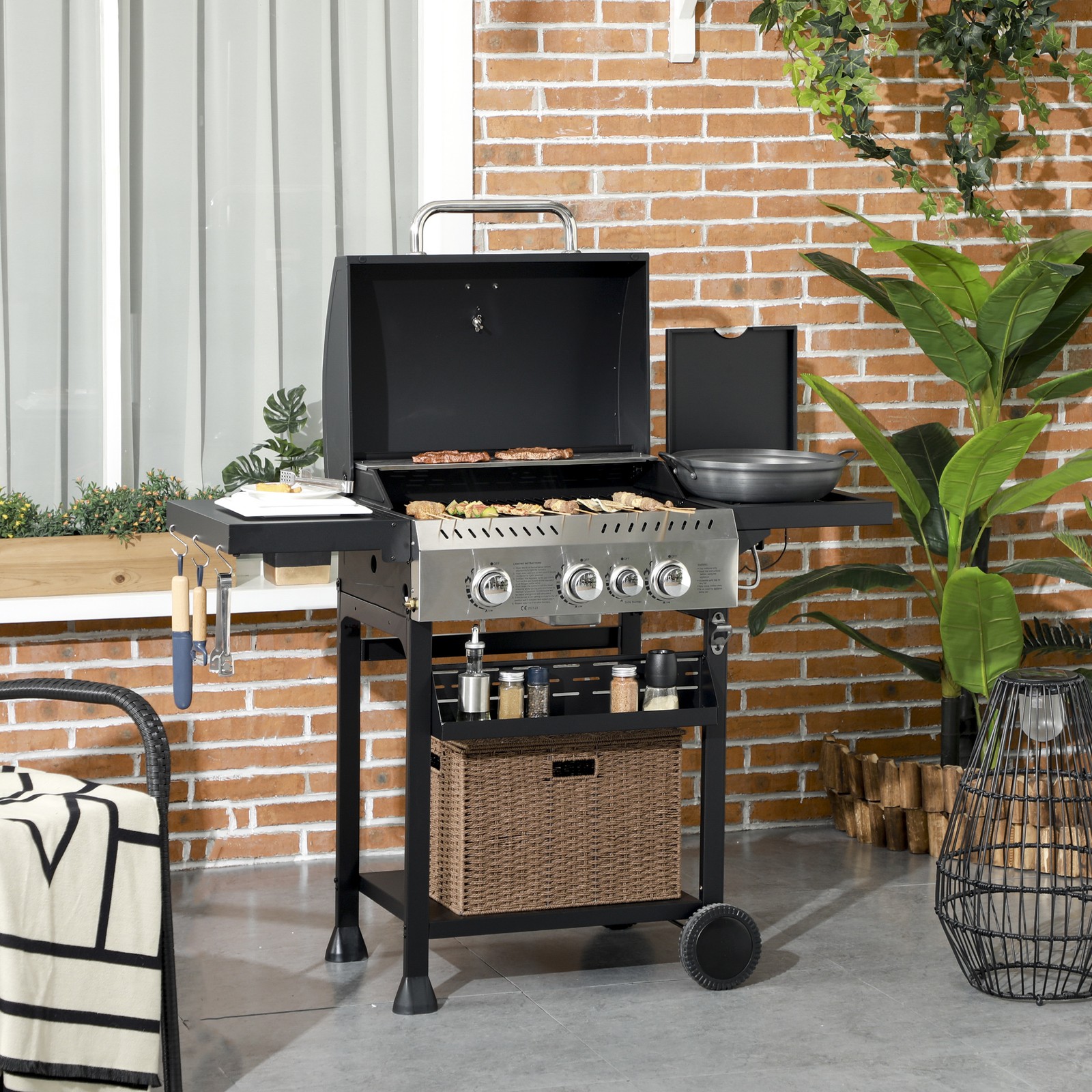 Outsunny Gasgrill 3 KW 3+1 Brenner BBQ Grillwagen aus Edelstahl Seitenbrenner