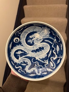 Chinese Antique Porcelain Dish Plate Blue White Qing Dynasty Kangxi Mark Dragon