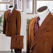 Men Suits Regular Fit Corduroy Notch Double Breasted Blazer Business Wedding