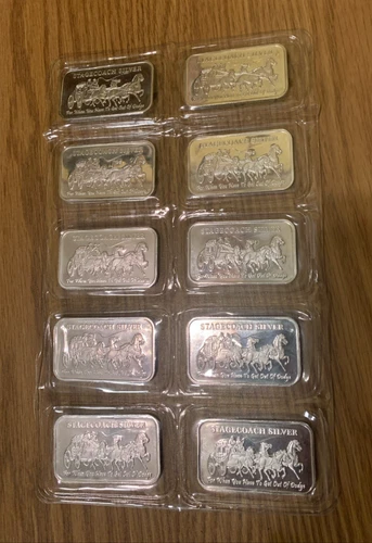 Sheet of 10 One Troy oz Silver Stagecoach Fractional Bars .999 Fine Silver 10 OZ