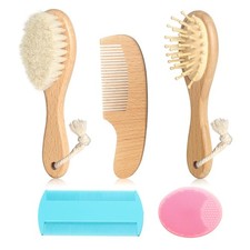 Goat Baby Hair Brush Set, Wooden Comb Massage Scalp Comb, Safe Natural Hair C...