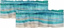 2 Pack Coastal Nautical Kitchen Valances for Windows, Ombre Teal Blue Short