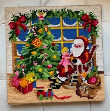 Vintage Needlepoint Christmas Wall Hanging With Baby on Santa's Lap, Dog 12  x12  