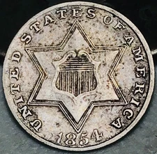 1854 Three Cent Silver Piece Trime 3cs Type 2 Ungraded Choice US Coin CC28607