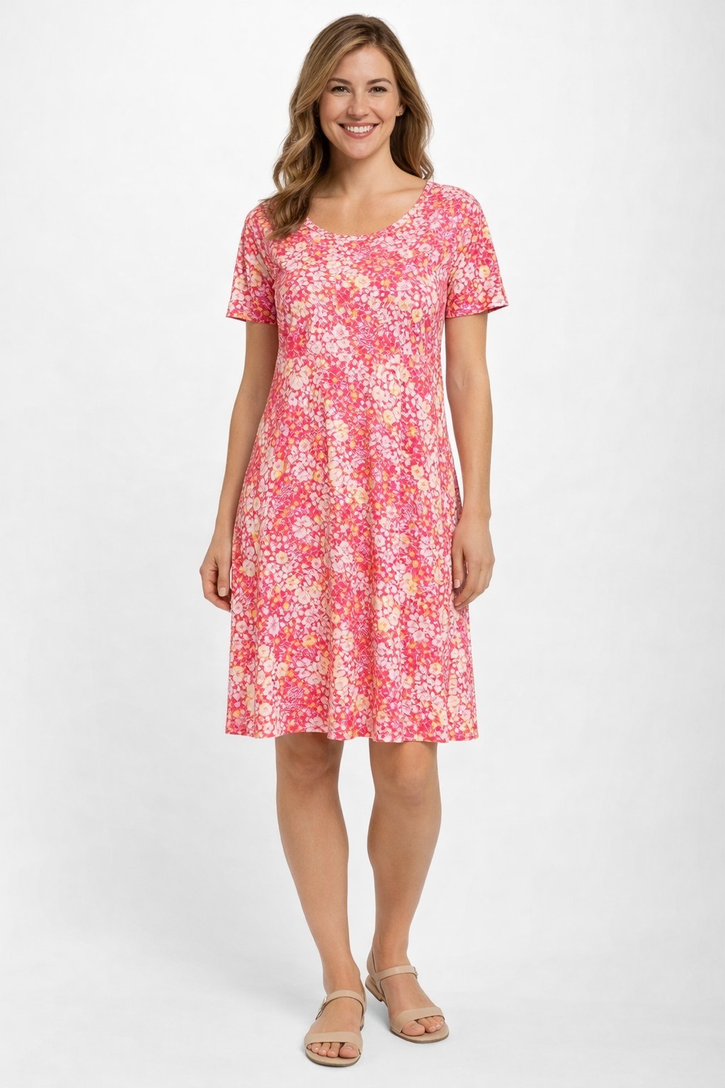 Christopher & Banks Floral Dress Medium Pink Yellow Short Sleeve Stretch Casual