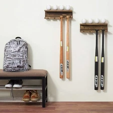 2 Pcs Wall Mounted Burnt Wood Baseball Bat Display Rack, Vertical Bat Holder
