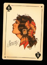 1 x modern playing card Sailor Jerry Tattoo woman - 5 of Spades R088