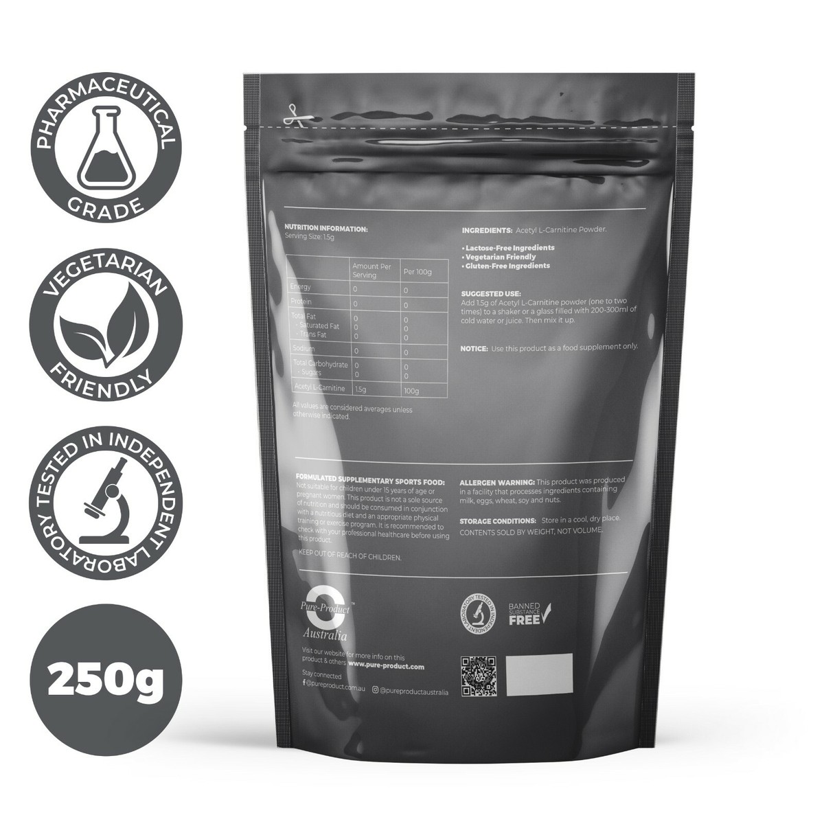 ACETYL L CARNITINE PURE POWDER 250G ALCAR * PREMIUM GRADE * LABORATORY  TESTED | eBay