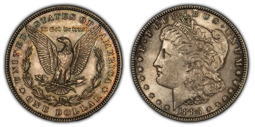1885 $1 Morgan Silver Dollar - Neon Rainbow Accent Toning - BU - SKU-D2671