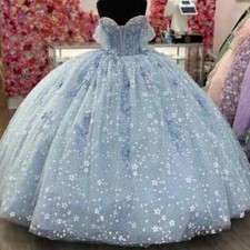 Sky Blue Shiny Quinceanera Dresses Ball Gown Sleeveless Applique Lace Party Gown