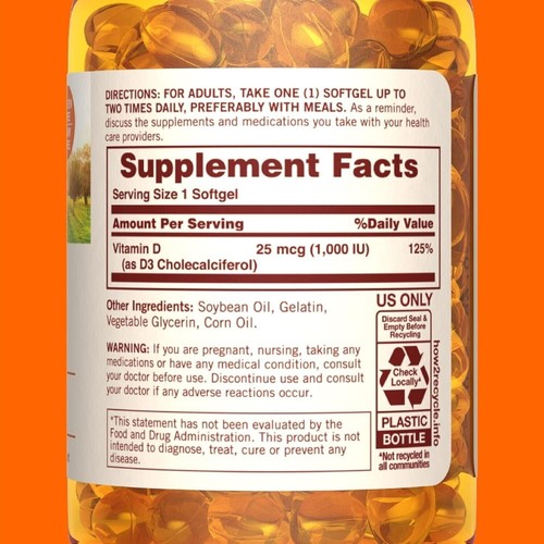 3x Sundown Naturals Vitamin D3 25MCG 1000iu. Total 600 Softgels -EXP: 05/2025 - Picture 3 of 5