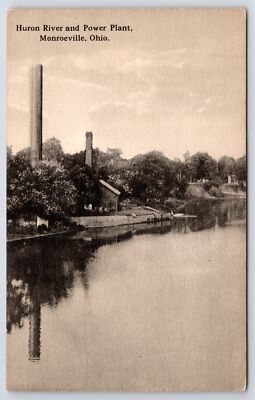 Monroeville Ohio~Huron River & Power Plant~Smoke Stack~c1910 B&W Postcard