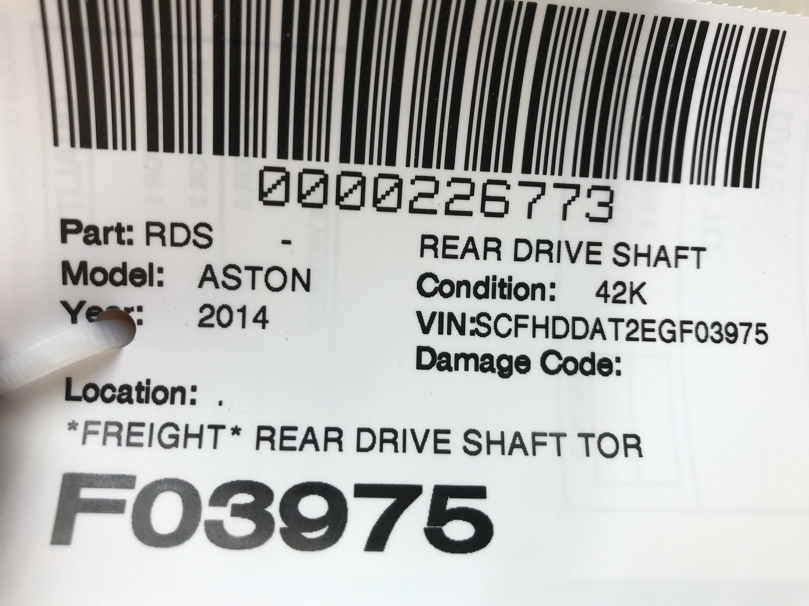 ASTON MARTIN RAPIDE REAR DRIVE SHAFT TORQUE TUBE AD43-7B084-B OEM