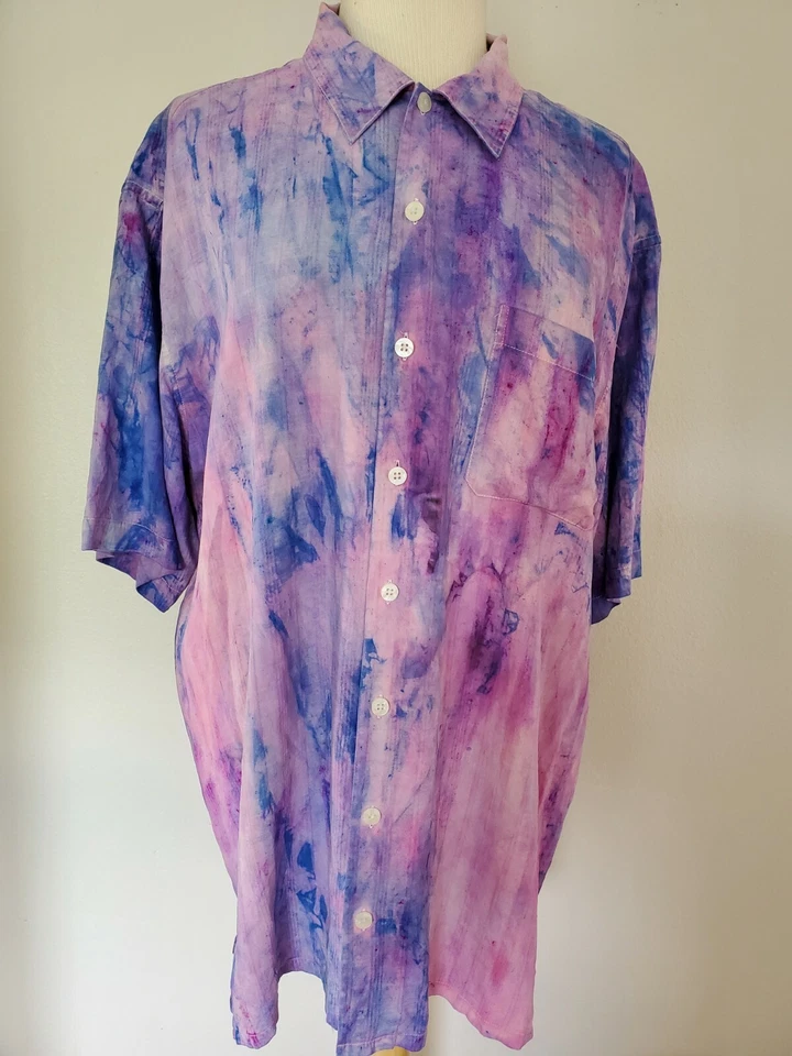 NEW Mens Short sleeve Silk Shirt Purple pink navy blue lavender tie dye large XL - Image 2 of 4