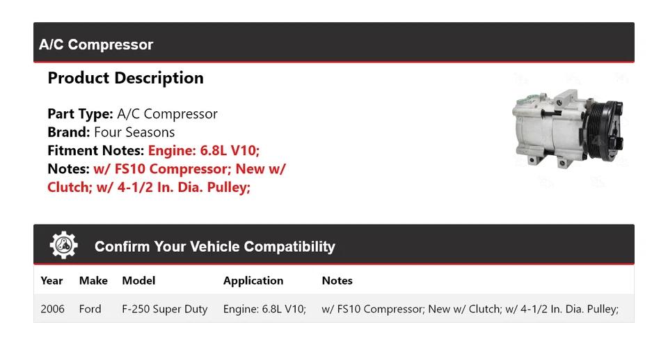 Ford F-250 Super Duty 2006 6,8 L V10 compresor de aire acondicionado 4 estaciones Foto 2 de 4