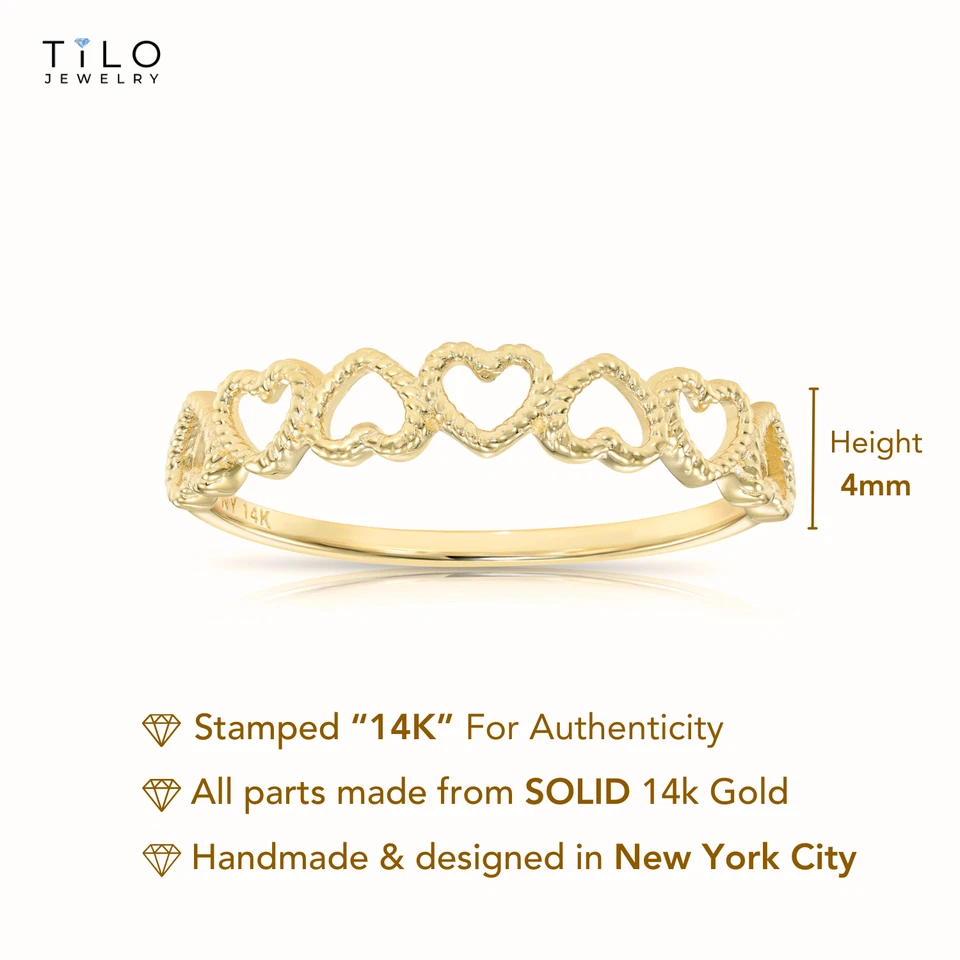 14K Real Solid Yellow Gold Dainty Heart Link Minimalist Promise Band Ring - Image 2 of 4